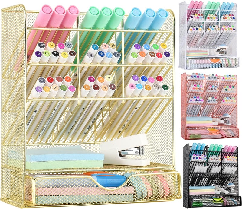 Spacrea Mesh Pen Organizer - Pencil Holder for Desk, Desk Organizer with Drawer for School, Home, Art Supplies (Gold) - Image 1